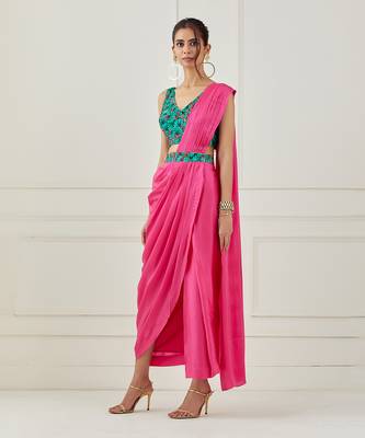 Fuchsia Draped Saree (Sleeveless Blouse) 1