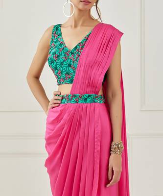 Fuchsia Draped Saree (Sleeveless Blouse) 3
