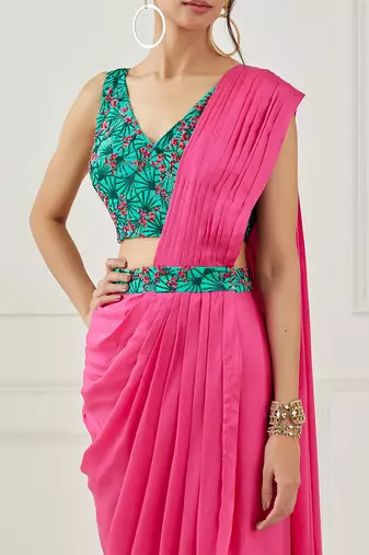 Fuchsia Draped Saree (Sleeveless Blouse)
