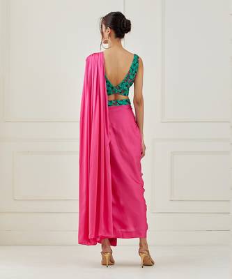 Fuchsia Draped Saree (Sleeveless Blouse) 5