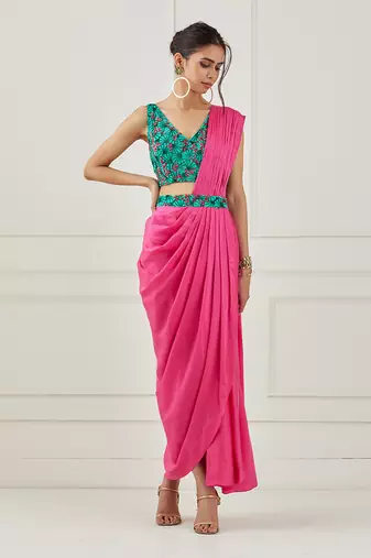 Fuchsia Draped Saree (Sleeveless Blouse)