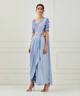 Moon Blue Draped Saree (Sleeves Blouse) 1