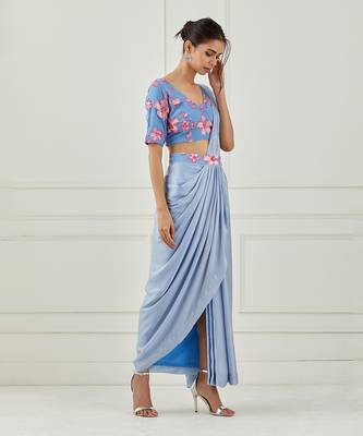 Moon Blue Draped Saree (Sleeves Blouse) 2