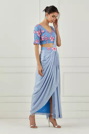 Moon Blue Draped Saree (Sleeves Blouse)