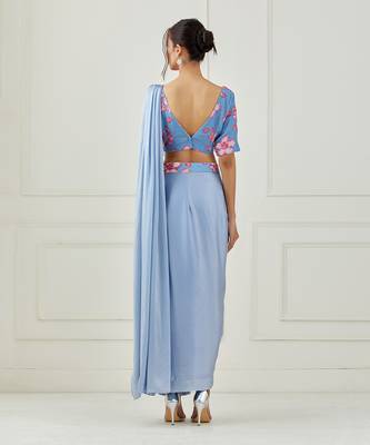 Moon Blue Draped Saree (Sleeves Blouse) 4