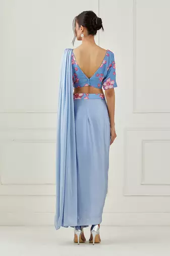 Moon Blue Draped Saree (Sleeves Blouse)