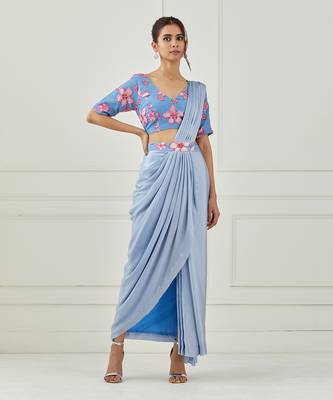 Moon Blue Draped Saree (Sleeves Blouse) 5