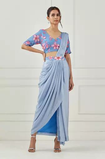 Moon Blue Draped Saree (Sleeves Blouse)