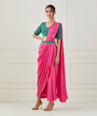 Fuchsia Draped Saree (Sleeves Blouse) 1