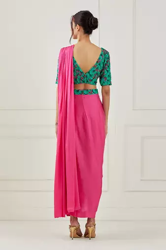 Fuchsia Draped Saree (Sleeves Blouse)