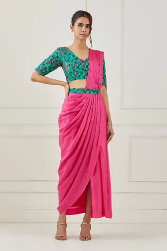Fuchsia Draped Saree (Sleeves Blouse)