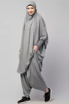 Modest Light Grey Jersey Khimar and Harem Pant Set | Full Coverage Daily Wear