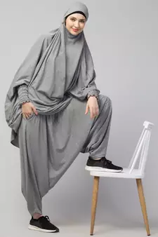 Modest Light Grey Jersey Khimar and Harem Pant Set | Full Coverage Daily Wear