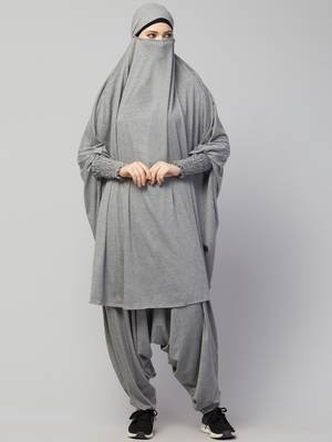 Modest Light Grey Jersey Khimar and Harem Pant Set | Full Coverage Daily Wear 5