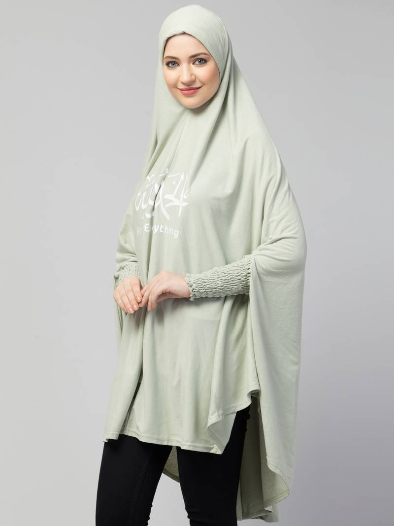  Nazneen Islamic Calligraphy printed stretchable smoking at wrist knee length Jilbab cum prayer khimar  Hijab