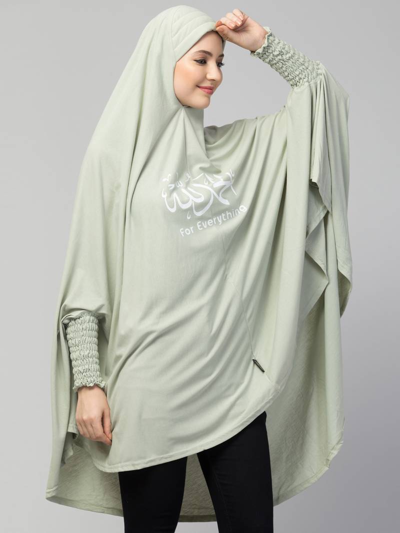  Nazneen Islamic Calligraphy printed stretchable smoking at wrist knee length Jilbab cum prayer khimar  Hijab