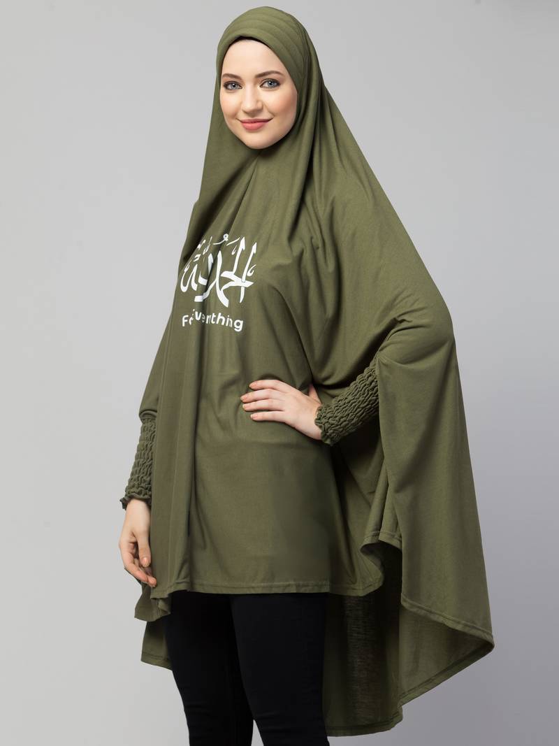  Nazneen Islamic Calligraphy printed stretchable smoking at wrist knee length Jilbab cum prayer khimar  Hijab