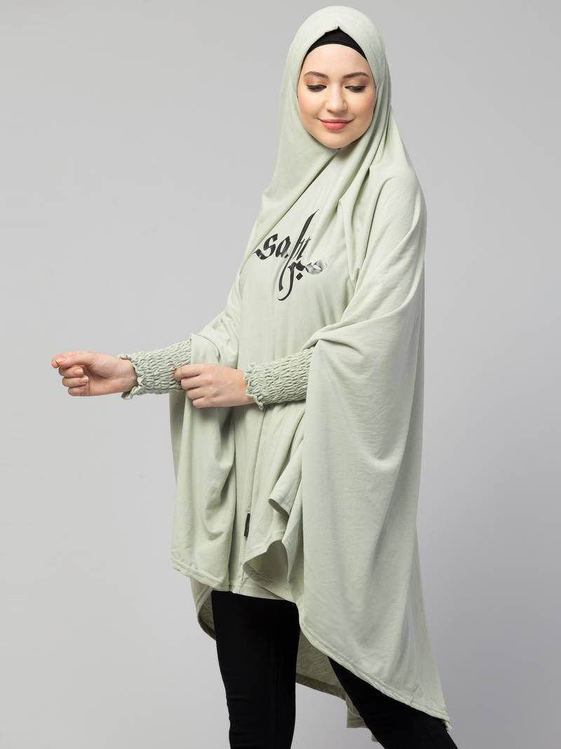  Nazneen Islamic Calligraphy printed stretchable smoking at wrist knee length Jilbab cum prayer khimar  Hijab
