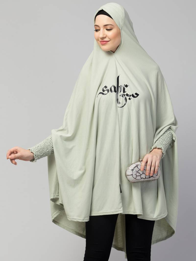  Nazneen Islamic Calligraphy printed stretchable smoking at wrist knee length Jilbab cum prayer khimar  Hijab