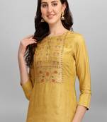 YELLOW MEENA NECK JACQUARD KURTI WITH ORGANZA DUPATTA AND TROUSERS
