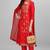 red panal jacquard top with organza dupatta and palazzo