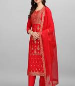 red panal jacquard top with organza dupatta and palazzo
