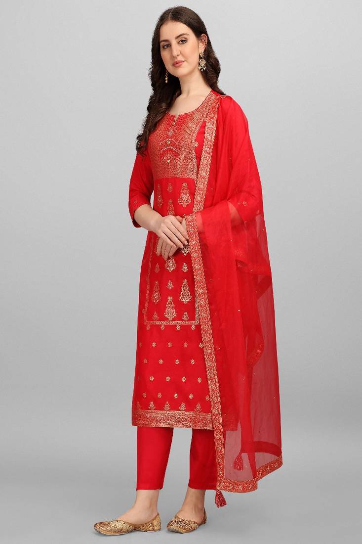 red panal jacquard top with organza dupatta and palazzo
