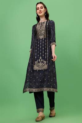 BLUE JACQUARD WITH DIGITAL PANEL PRINTED TOP WITH CHINON  DUPATTA AND TROUSERS 5