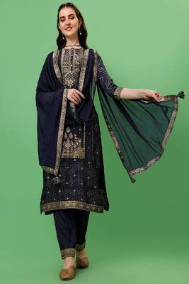 BLUE JACQUARD WITH DIGITAL PANEL PRINTED TOP WITH CHINON  DUPATTA AND TROUSERS 1