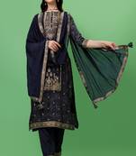BLUE JACQUARD WITH DIGITAL PANEL PRINTED TOP WITH CHINON  DUPATTA AND TROUSERS