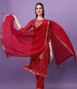 PINK JACQUARD WITH DIGITAL PANEL PRINTED TOP WITH CHINON  DUPATTA AND TROUSERS