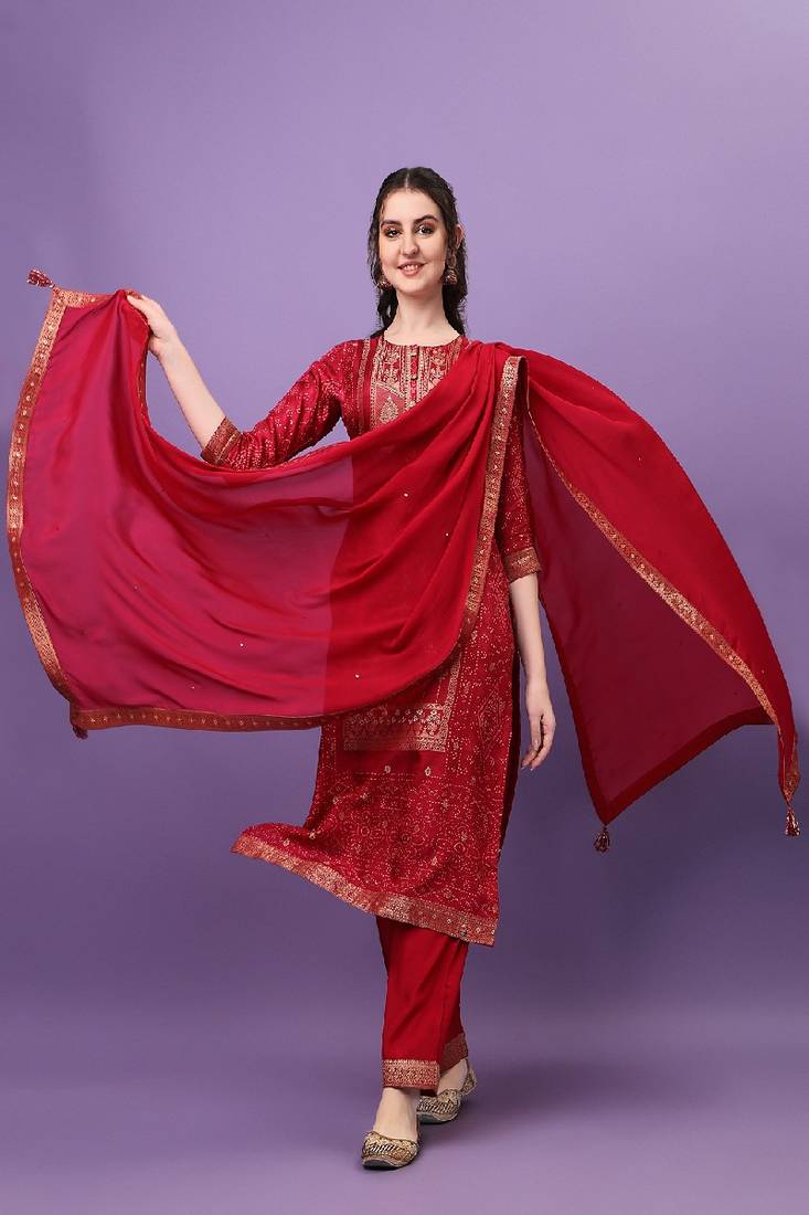 PINK JACQUARD WITH DIGITAL PANEL PRINTED TOP WITH CHINON  DUPATTA AND TROUSERS