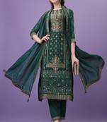 GREEN JACQUARD WITH DIGITAL PANEL PRINTED TOP WITH CHINON  DUPATTA AND TROUSERS