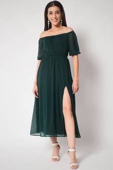 MATINE Women Green Side Slit Long Dress