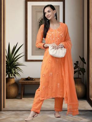 Hand Embroidered Rust Georgette Lucknowi Chikankari Women Unstitched Suit Piece 1