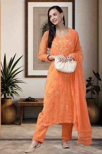 Hand Embroidered Rust Georgette Lucknowi Chikankari Women Unstitched Suit Piece