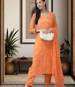 Hand Embroidered Rust Georgette Lucknowi Chikankari Women Unstitched Suit Piece