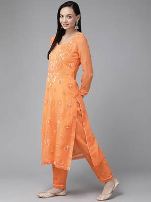 Hand Embroidered Rust Georgette Lucknowi Chikankari Women Unstitched Suit Piece 3