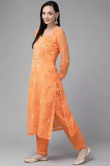 Hand Embroidered Rust Georgette Lucknowi Chikankari Women Unstitched Suit Piece