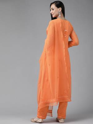 Hand Embroidered Rust Georgette Lucknowi Chikankari Women Unstitched Suit Piece 4