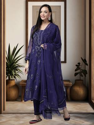 Ada Hand Embroidered Navy Blue Georgette Lucknowi Chikan Women Unstitched Suit Piece - A211194 1