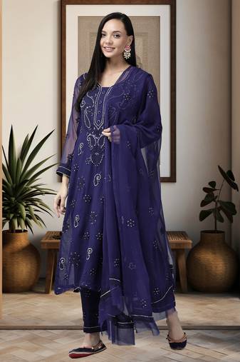 Ada Hand Embroidered Navy Blue Georgette Lucknowi Chikan Women Unstitched Suit Piece - A211194