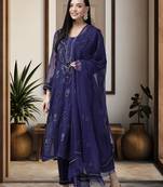 Ada Hand Embroidered Navy Blue Georgette Lucknowi Chikan Women Unstitched Suit Piece - A211194
