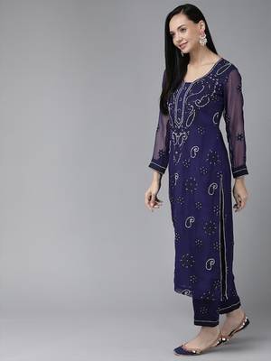 Ada Hand Embroidered Navy Blue Georgette Lucknowi Chikan Women Unstitched Suit Piece - A211194 3