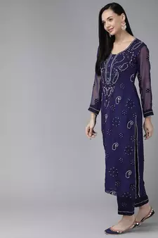 Ada Hand Embroidered Navy Blue Georgette Lucknowi Chikan Women Unstitched Suit Piece - A211194