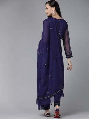 Ada Hand Embroidered Navy Blue Georgette Lucknowi Chikan Women Unstitched Suit Piece - A211194 4