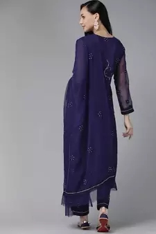 Ada Hand Embroidered Navy Blue Georgette Lucknowi Chikan Women Unstitched Suit Piece - A211194