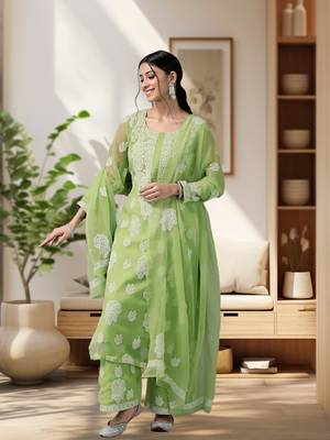 Ada Hand Embroidered Grass Green Georgette Lucknowi Chikankari Women Unstitched Suit Piece - A211216 1