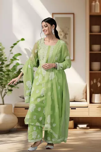 Ada Hand Embroidered Grass Green Georgette Lucknowi Chikankari Women Unstitched Suit Piece - A211216