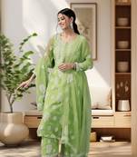 Ada Hand Embroidered Grass Green Georgette Lucknowi Chikankari Women Unstitched Suit Piece - A211216